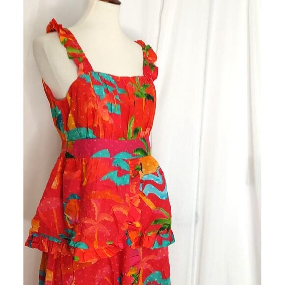 FARM Rio Midi Dress XL Red Ipanema Ruffle Sleeveless Tropical Resortwear - Picture 7 of 15